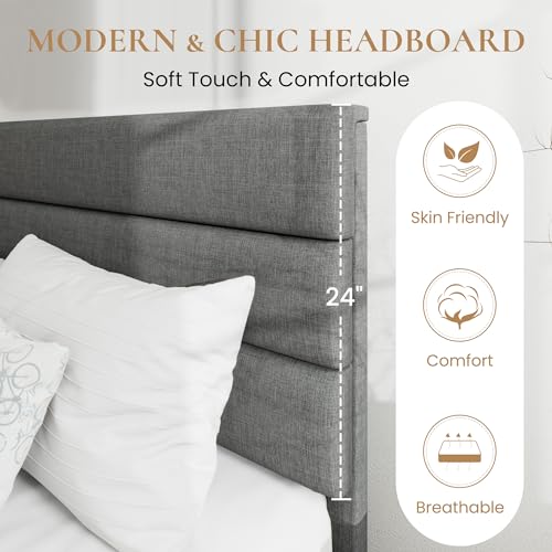 Full Platform Bed Frame with Upholstered Fabric Headboard, Grey