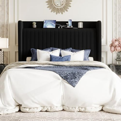 Queen Size Velvet Bed Frame with Shelf, Charging Station, Black