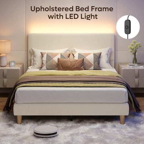 Queen Bed Frame with Headboard LED Lighting,Upholstered,Beige