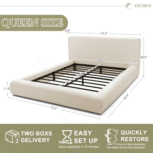 Queen Cloud Bed Frame with Headboard Removable, 5.9'' Boucle Upholstered Bed Rounded Corner Design, Soft Modern Low Platform Floor-Standing Support, Easy Assembly, No Box Spring Needed, White