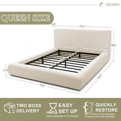 Queen Cloud Bed Frame with Headboard Removable, 5.9'' Boucle Upholstered Bed Rounded Corner Design, Soft Modern Low Platform Floor-Standing Support, Easy Assembly, No Box Spring Needed, White