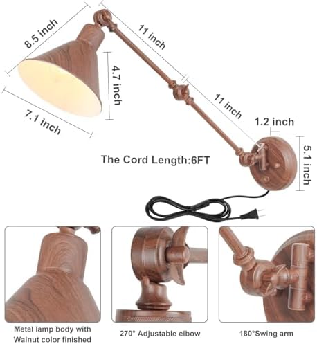 TRLIFE Plug in Wall Sconces, Dimmable Wall Sconces Set of 2 Plug in Swing Arm Wall Lights, Adjustable Wall Mounted Light Wall Lights with 6FT Plug in Cord, E26 Base(Two Arms, Walnut Color)