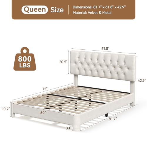 Queen Upholstered Bed Frame, White Velvet Cloud Platform Bed