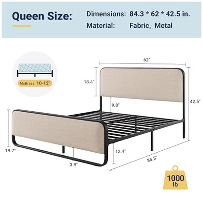 Queen Metal Bed Frame with Upholstered, Beige
