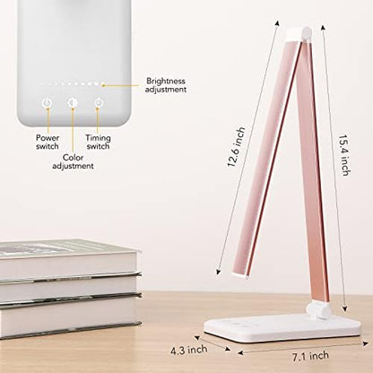 Led Desk Lamp, Desk Lamp with USB Charging Port, 5 Color Modes, 10 Brightness, Natural Light, Eye Caring Reading Lamp, Desk Light for Home Office, Table Lamp, Touch Control, Auto-Timer, Pink