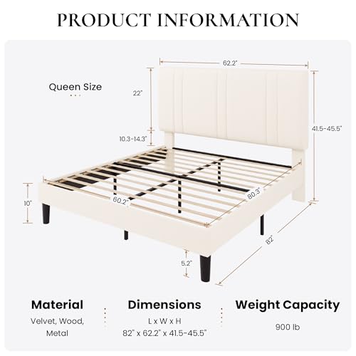 Queen Size Velvet Bed Frame with Adjustable Headboard, Cream