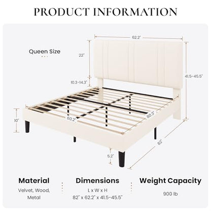 Queen Size Velvet Bed Frame with Adjustable Headboard, Cream