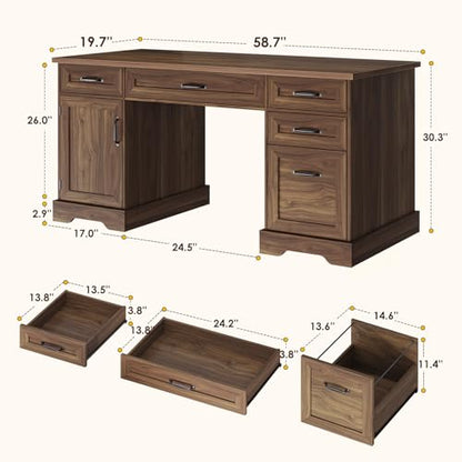 Farmhouse 59 Inch Executive Desk with Drawers, Walnut