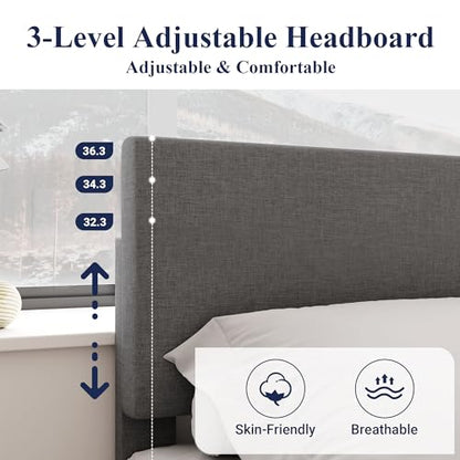 Queen Size Upholstered Bed Frame Adjustable Headboard, Dark Grey