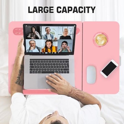 CloudTrip Plus XL Adjustable 17in Laptop Desk with Light, USB Port, iPad Holder, Drawer Storage - Larger 23.6IN Adjustable Lap Desk for Bed, Home Office, Breakfast Tray, Fordable Legs Desk (Pink)