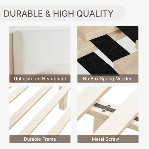Upholstered Queen Size Bed Frame, Boucle Fabric Platform Bed Mattress Foundation Noise-Free No Box Spring Needed Easy Assembly