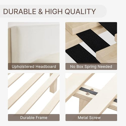 Upholstered Queen Size Bed Frame, Boucle Fabric Platform Bed Mattress Foundation Noise-Free No Box Spring Needed Easy Assembly