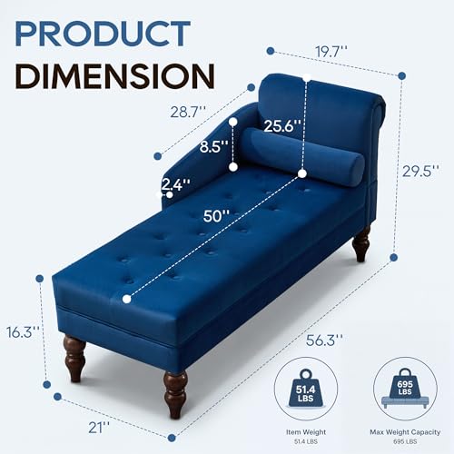 Chaise Lounge Chair Indoor with Right Armrest, Velvet, Blue