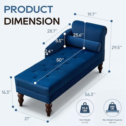 Chaise Lounge Chair Indoor with Right Armrest, Velvet, Blue