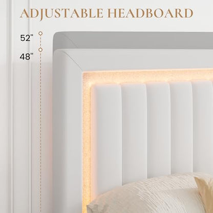 Full Size Velvet Bed Frame with LED Light, White