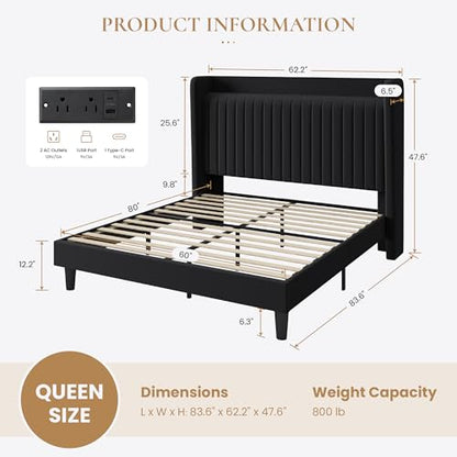 Queen Size Velvet Bed Frame with Shelf, Charging Station, Black