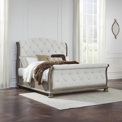 Signature Design by Ashley Upholstered Sleigh Bed Frame, King, Light Brown