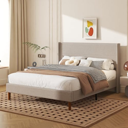 Queen Size Linen Platform Bed Frame with Wingback Upholstered Headboard