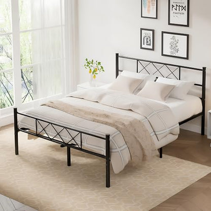 Full Size Bed Frame with Headboard, Heavy Duty Bedframe with Strong Metal Slats, No Box Spring Needed & Easy Assembly, Matte Black