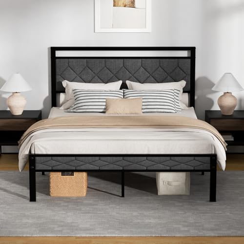 Easy Assembly Upholstered Queen Bed Frame&Soft Padded Headboard