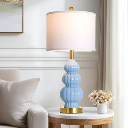 Rinweey Blue Ceramic Lamps Set of 2, 26.5" Modern Table Lamps for Living Room, Classic Bedside Lamp with Triple Gourd, Elegant Bedroom Lamp for Night Stand Desk Side End Table Home Decor