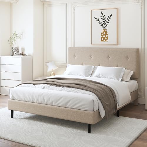 Queen Size Linen Bed Frame with Adjustable Headboard Beige