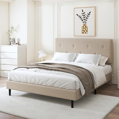 Queen Size Linen Bed Frame with Adjustable Headboard Beige