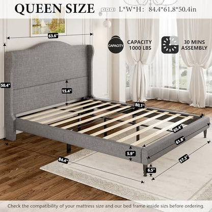 Queen Size Upholstered Platform Bed Frame, Light Grey