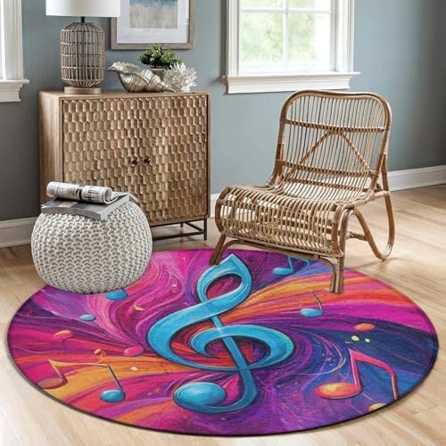 Room Sofa Yoga Soft Round Carpet, Home Decor Non Slip Kitchen Office Circle Rug, Machine Washable Modern Round Area Rug Abstract Music Notes Art, 60inch