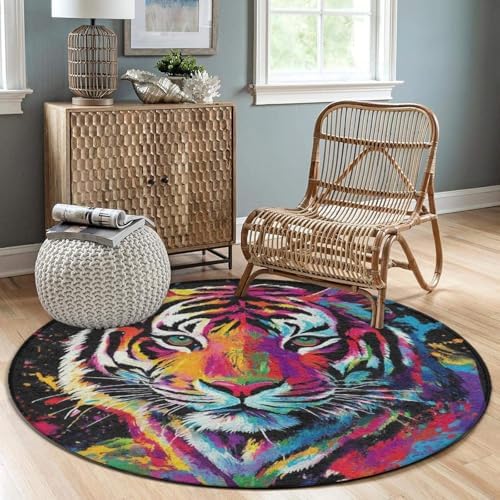 Machine Washable Modern Round Area Rug, Room Sofa Yoga Soft Round Carpet, Home Decor Non Slip Kitchen Office Circle Rug Colorful Splash Ink King of Tiger Art, 60inch