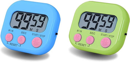 Digital Kitchen Timer, BESTWYA Electronic Timer with Clear LCD Screen Count Up and Down Function 3 Big Buttons On/Off Switch Button (2, Blue and Green)