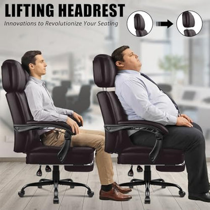 LEMBERI 400lbs Executive Office Chair with Foot Rest, Ergonomic Heavy Duty Big and Tall Desk Chair with Adjustable Headrest, High Back PU Leather Comfy Computer Chairs for Long Hours (Brown)