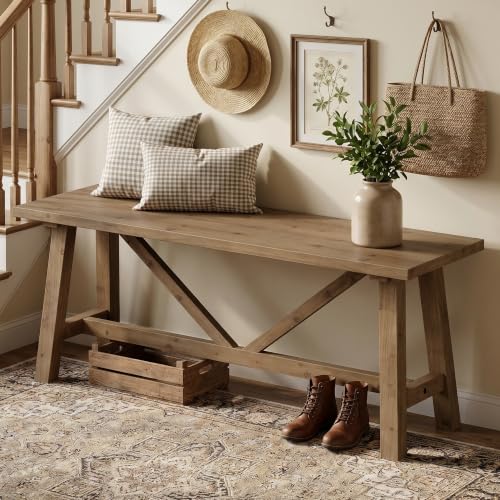 43" Farmhouse Solid Wood Bench, Narrow Long Seat, Natural