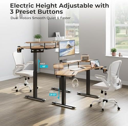 EUREKA ERGONOMIC Standing Gaming Desk with Dual Motor,63" Wing Shaped Computer Desk w Mouse Pad, Electric Adjustable Height Table w LED Monitor Stands,Slot Design,Walnut