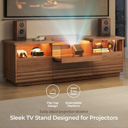 Fluted TV Stand with LED, Mid-Century Modern TV Cabinet, Brown