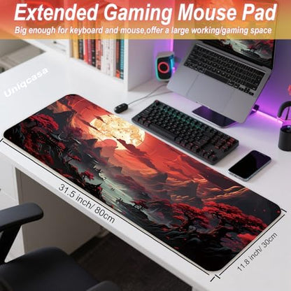 Gaming Mouse Pad 31.5x11.8 inch XL Large Extended Mouse Pad, Big Mousepad Desk Mat for Computer with Non-Slip Rubber Base and Stitched Edge-Red Moon