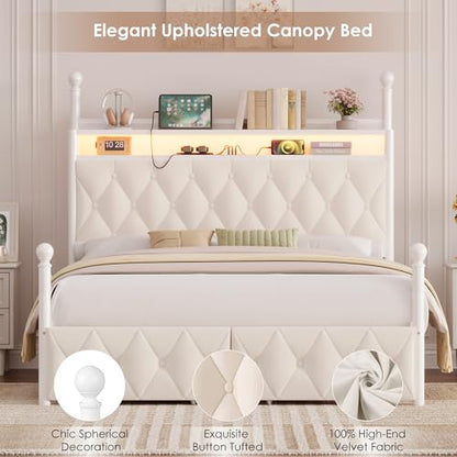 Full Size LED Canopy Bed Frame with Storage & Charging Station, Beige
