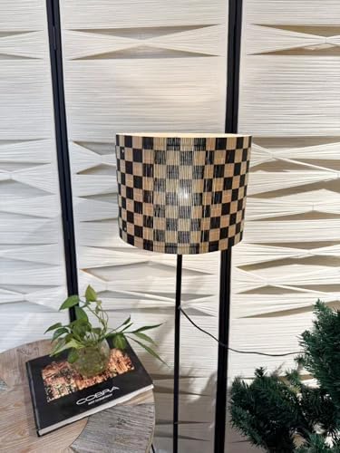 Modern Lamp Shade with Colorful and Natural Checkered Pattern Bamboo Made, Translucent Drum Shape, 11.8 Inch for Table and Floor Lamps, Ideal for livingroom bedroom (Black)