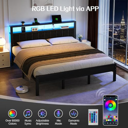 King Bed Frame with Charging Station & LED Lights, Modern Platform Bed with Upholstered Storage Headboard, No Box Spring Needed Noise Free