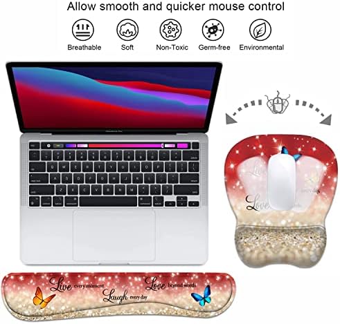 Ergonomic Mouse Pad Wrist Support and Keyboard Wrist Rest Set with Coasters, Non-Slip PU Base, Easy Typing & Pain Relief, Perfect for Home Office Working Studying, Red Glitter Quote Live Laugh Love