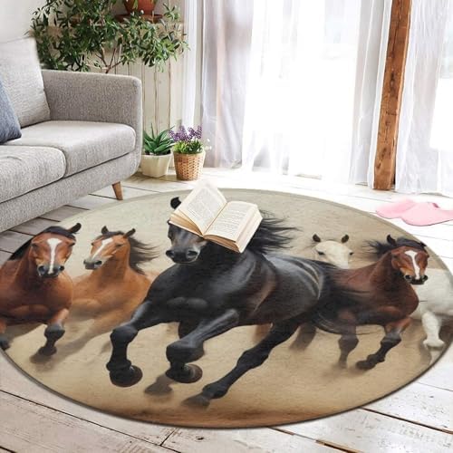 Circular Rugs Large Modern Round Area Rug Fashion Decor Mat for Home Office Running Horses Animal Theme Horse