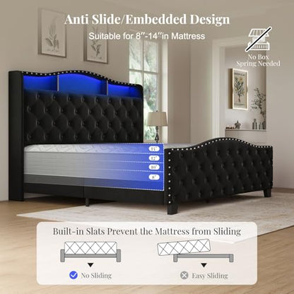Queen Size Platform Bed Frame with 50.9" LED Headboard, Black