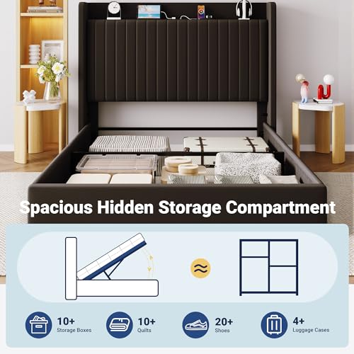 Full Lift Up Storage Hydraulic Bed Frame,Charging Station,Black