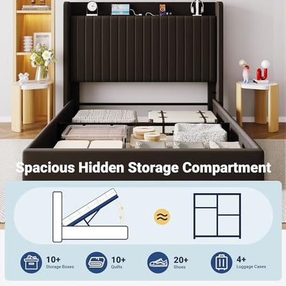 Full Lift Up Storage Hydraulic Bed Frame,Charging Station,Black
