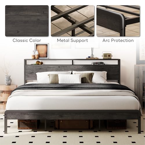 California King Bed Frames with 2-Tier Storage Shelf Headboard
