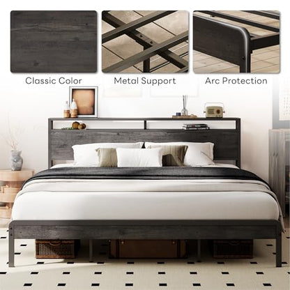 California King Bed Frames with 2-Tier Storage Shelf Headboard