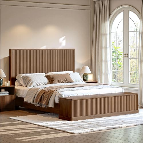 Fluted Walnut King Bed Frame with 51'' Headboard & Storage Bench