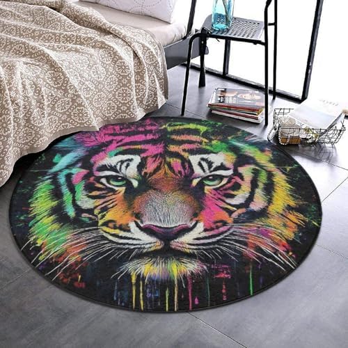 Large Round Area Rug Home Decor Modern Bathroom Rug Kitchen Office Circle Rug for Living Room Sofa Circle Cute Mat Colorful Tiger, 60inch