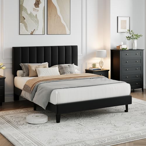 Full Size Platform Bed Frame with Upholstered Headboard, Black