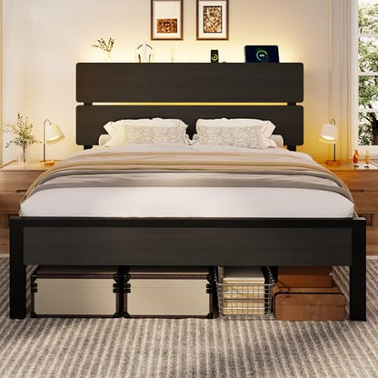 Queen Size Bed Frame, Led Light, Charging Station, Storage Shelf